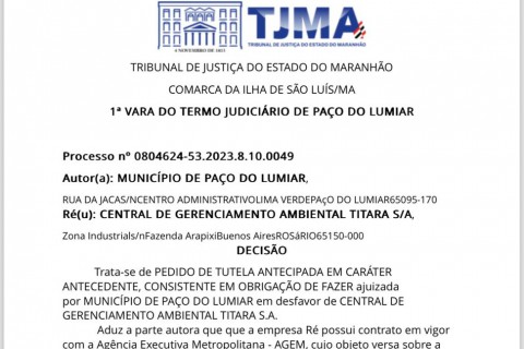 Justiça estimula multa diária de 100 mil reais e determina que empresa Titara retome, imediatamente, coleta de resíduos sólidos em Paço do Lumiar
